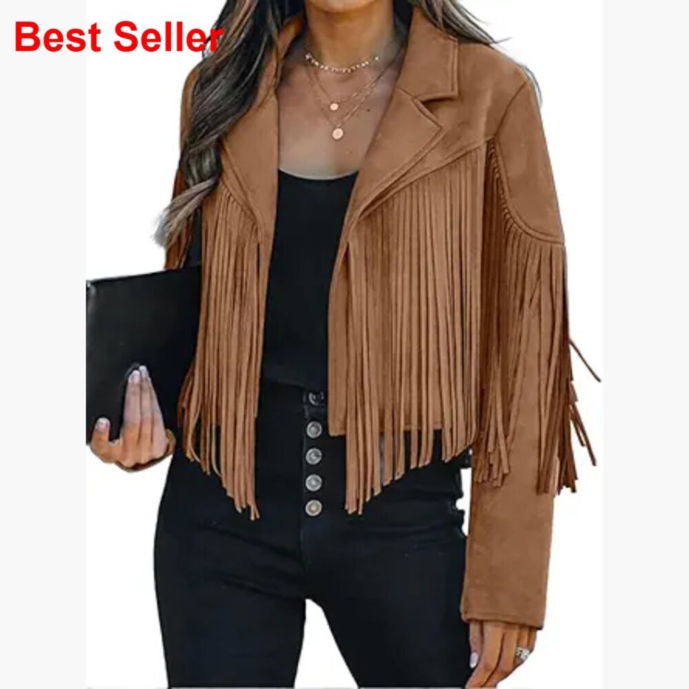 Faux Suede Leather Jacket Cropped Fringe Western Motorcycle Coat